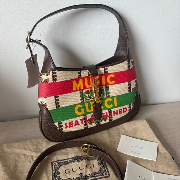 NWT Gucci Jackie 1961 Hobo Handbag Music Printed Beige Canvas Leather Strap - Picture 4 of 13